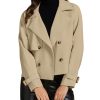 Cropped Trench Coat for Women Long Sleeve Double Breasted Notched Lapel Casual Loose Fit Jackets with Pockets