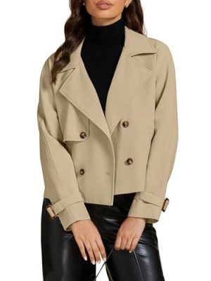 Cropped Trench Coat for Women Long Sleeve Double Breasted Notched Lapel Casual Loose Fit Jackets with Pockets