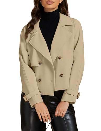 Cropped Trench Coat for Women Long Sleeve Double Breasted Notched Lapel Casual Loose Fit Jackets with Pockets