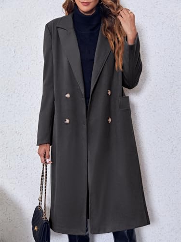 Womens Trench Coat Winter Lapel Double Breasted Long Pea Coat Casual Work Office Overcoat with Pocket