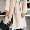 Women Long Wool Trench Pea Coat Double Breast Midi-Long Overcoat with Belt