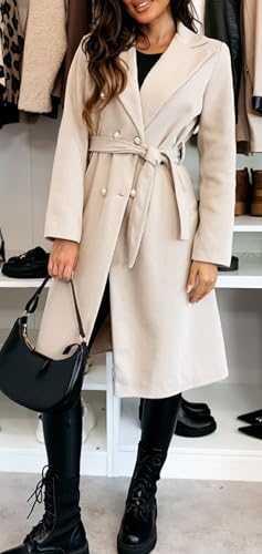 Women Long Wool Trench Pea Coat Double Breast Midi-Long Overcoat with Belt
