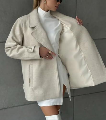 Women's Herringbone Double Breasted Wool Coat Notched Lapel Work Casual Wool Blend Trench Pea Coat Jacket