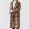 Women's Plaid Trench Coat Double Breasted Long Peacoat Winter Camel Peak Lapel Loose Woolen Jacket Outerwear