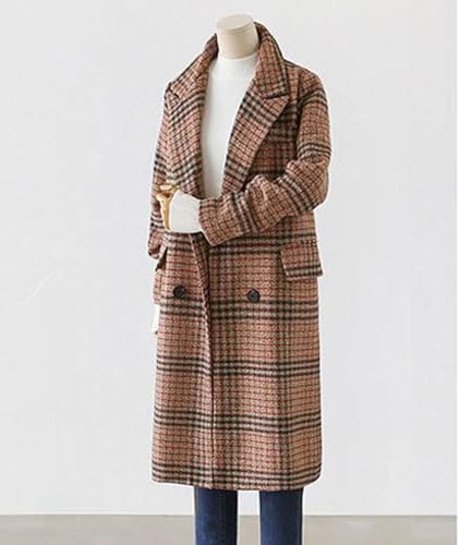 Women's Plaid Trench Coat Double Breasted Long Peacoat Winter Camel Peak Lapel Loose Woolen Jacket Outerwear