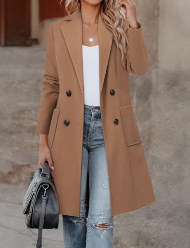 Women's Notch Lapel Double Breasted Mid Long Pea Coat Wool Blend Overcoat Winter Outwear