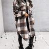 Womens Plaid Shacket Brushed Flannel Shirt Jacket Mid Long Wool Blend Tartan Coat