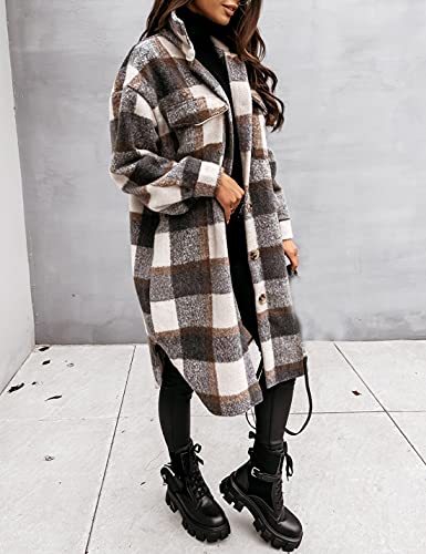 Womens Plaid Shacket Brushed Flannel Shirt Jacket Mid Long Wool Blend Tartan Coat