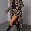 Women's Faux Suede Leopard Midi Long Trench Coat Double Breasted Notch Lapel Pea Coat Overcoat
