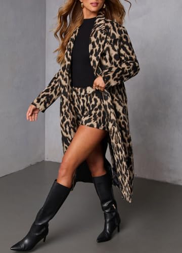 Women's Faux Suede Leopard Midi Long Trench Coat Double Breasted Notch Lapel Pea Coat Overcoat