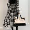 Women's Winter Houndstooth Double Breasted Trench Coat Notch Lapel Wool Blend Warm Quilted Lined Long Overcoat