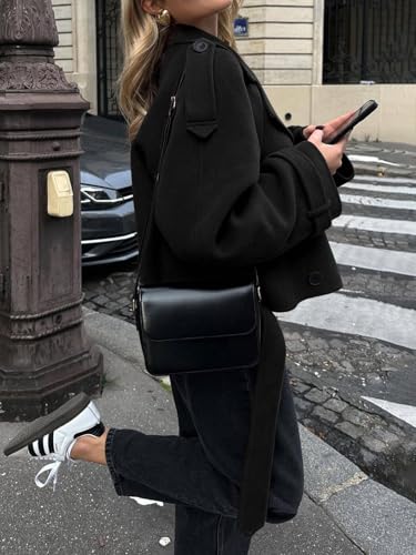 Womens Cropped Pea Coat Double Breasted Dressy Casual Notched Lapel Wool Blend Overcoat with Belt