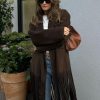 Women's Long Coat Notch Lapel Single-Breasted Jacket with Fringe Hem