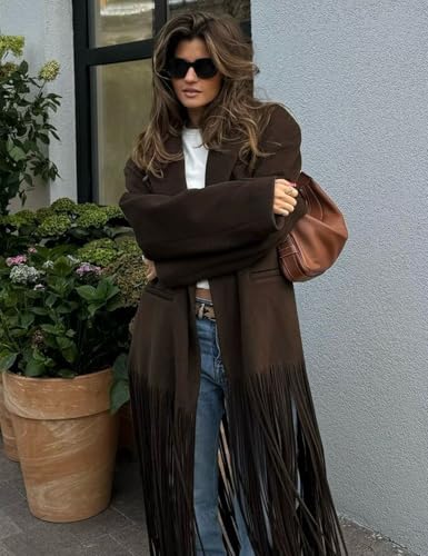 Women's Long Coat Notch Lapel Single-Breasted Jacket with Fringe Hem