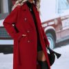 Womens Long Wool Pea Coat Notched Lapel Double Breasted Trench Coat Winter Warm Overcoat with Belt