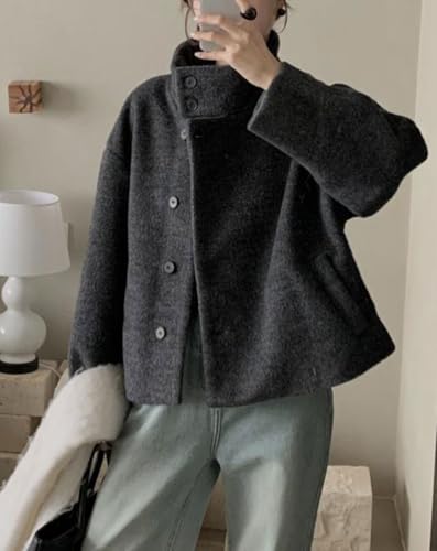 Women Warm Winter Short Wool Pea Coat Stand Collar Crop Wool Blend Jacket Outwear