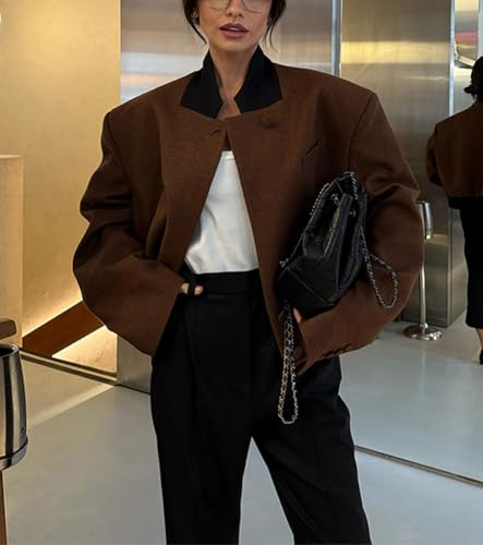 Women's Casual Single Breasted Cropped Wool Blazer Jacket Contrast Collar Wool Blend Short Pea Coat Overcoat