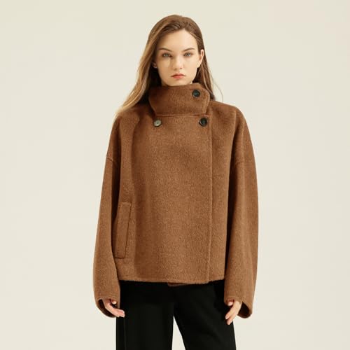 Women Cropped Thicken Wool Coats Oversized Short Jackets Notched Lapel Pea Coat Trench Overcoats with Pockets