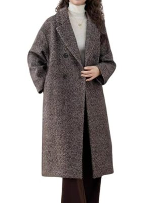 Women's Winter Herringbone Stripe Long Wool Coat Double Breasted Dressy Casual Trench Coat Overcoat