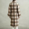 Women's Stand Collar Plaid Wool Coat Peacoat Winter Overcoat Mid Long Trench Coat with Belt