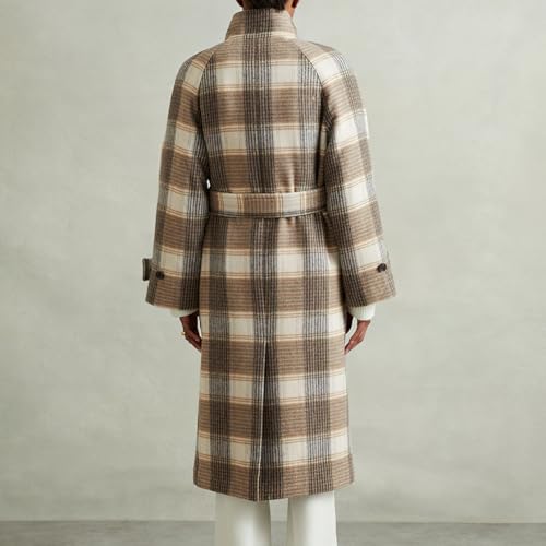 Women's Stand Collar Plaid Wool Coat Peacoat Winter Overcoat Mid Long Trench Coat with Belt