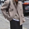 Women Winter Stand Collar Wool Blend Jacket Double Breasted Pea Coat Button Cropped Trench Coat Overcoat
