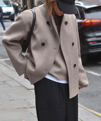 Women Winter Stand Collar Wool Blend Jacket Double Breasted Pea Coat Button Cropped Trench Coat Overcoat