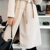 Women Long Wool Trench Pea Coat Double Breast Midi-Long Overcoat with Belt