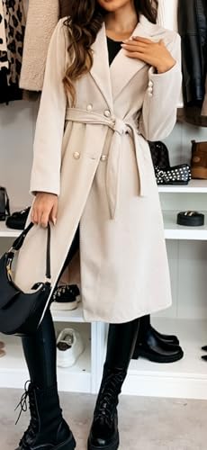 Women Long Wool Trench Pea Coat Double Breast Midi-Long Overcoat with Belt