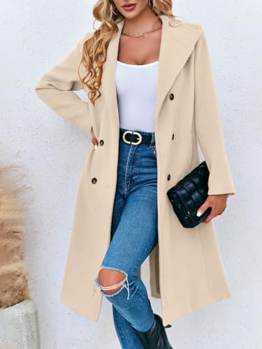Women Double Breasted Coats Long Winter Work Office Overcoat Pocketed Outwear with Belt
