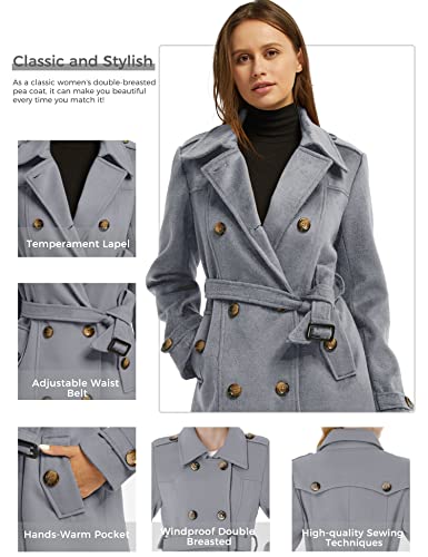 Women's Double Breasted Pea Coat Winter Mid-Long Trench Coat with Belt