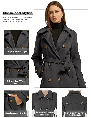 Women's Double Breasted Pea Coat Winter Mid-Long Trench Coat with Belt