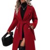 Womens Long Wool Pea Coat Notched Lapel Double Breasted Trench Coat Winter Warm Overcoat with Belt