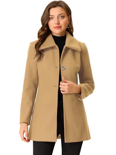 Women's Winter Pea Coat Mid-Long Single Breasted Turndown Collar Outerwear with Pockets