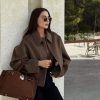 Womens Cropped Wool Jacket Warm Winter Fleece Bomber Jacket Zip Up Short Pea Coats with Pockets