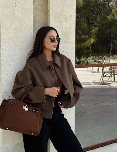 Womens Cropped Wool Jacket Warm Winter Fleece Bomber Jacket Zip Up Short Pea Coats with Pockets