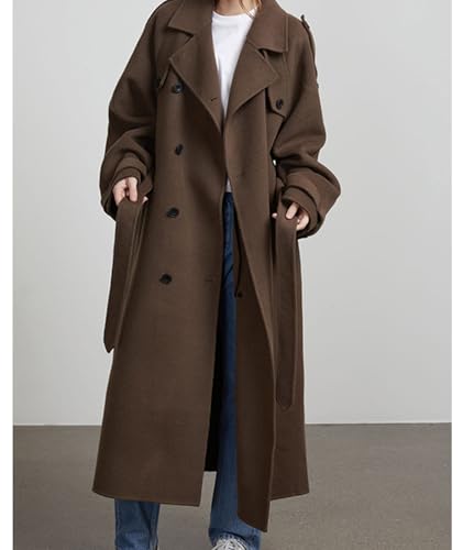 Women's Winter Double Breasted Long Coat Notch Lapel Long Sleeve Wool Blend Trench Coat with Belt