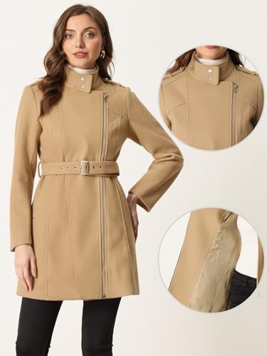 High Neck Winter Coat for Women's Zip Up Belted Mid-Long Overcoat