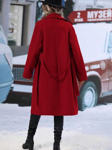Womens Long Wool Pea Coat Notched Lapel Double Breasted Trench Coat Winter Warm Overcoat with Belt