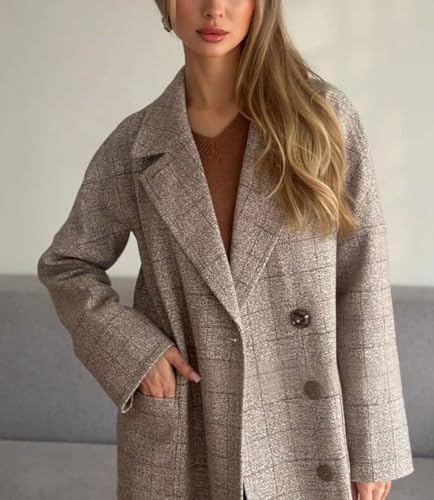 Women Long Winter Plaid Wool Coat Double Breast Trench Pea Coat Overcoat with Belt