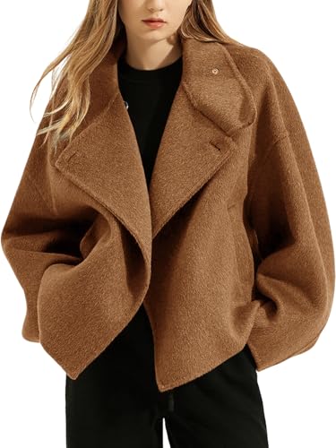 Women Cropped Thicken Wool Coats Oversized Short Jackets Notched Lapel Pea Coat Trench Overcoats with Pockets