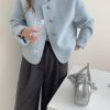 Women Short Wool Pea Coat Long Sleeve Button Down Short Jacket Cropped Woolen Blend Coat Outerwear