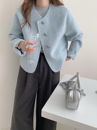 Women Short Wool Pea Coat Long Sleeve Button Down Short Jacket Cropped Woolen Blend Coat Outerwear