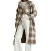 Women's Stand Collar Plaid Wool Coat Peacoat Winter Overcoat Mid Long Trench Coat with Belt
