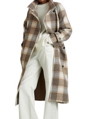 Women's Stand Collar Plaid Wool Coat Peacoat Winter Overcoat Mid Long Trench Coat with Belt
