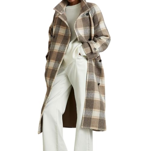 Women's Stand Collar Plaid Wool Coat Peacoat Winter Overcoat Mid Long Trench Coat with Belt