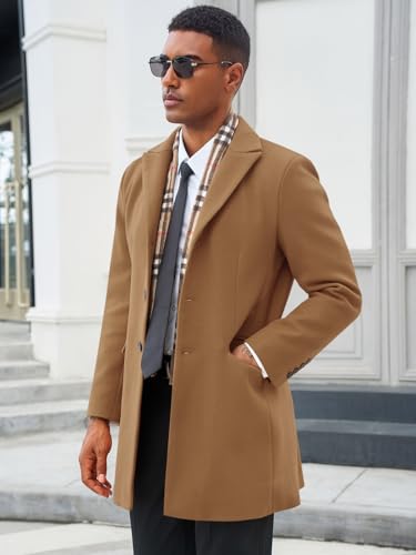 Men's Pea Coat with Detachable Plaid Scarfs Fall Single Breasted Wool Blend Trench Coat Winter Overcoat