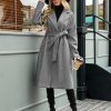 Women's Elegant Pea Coat Lapel Collar Double Breasted Trench Jacket Fall Slim Long Outerwear with Belt Pockets