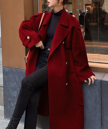 Women's Winter Trench Coat Wool Blend Double Breasted Notched Lapel Long Sleeve Jacket Pea Coat Overcoat