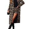 Women's Faux Suede Leopard Midi Long Trench Coat Double Breasted Notch Lapel Pea Coat Overcoat